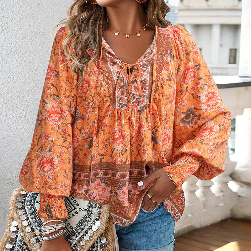 Calira - Tie V-Neck Cotton Shirt