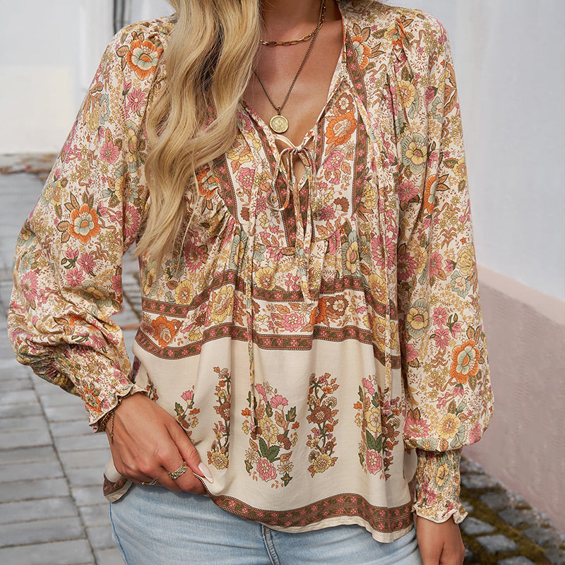Calira - Tie V-Neck Cotton Shirt