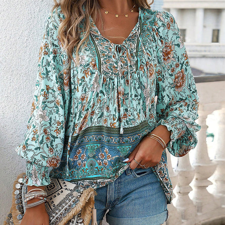 Calira - Tie V-Neck Cotton Shirt