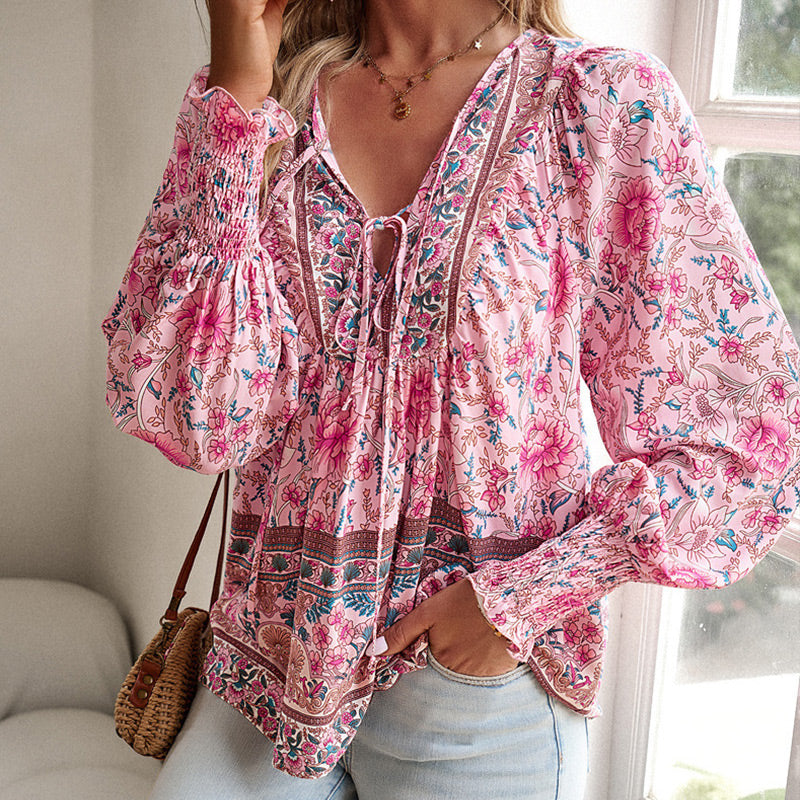 Calira - Tie V-Neck Cotton Shirt