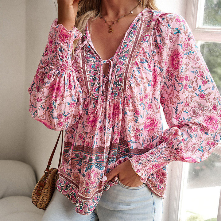 Calira - Tie V-Neck Cotton Shirt