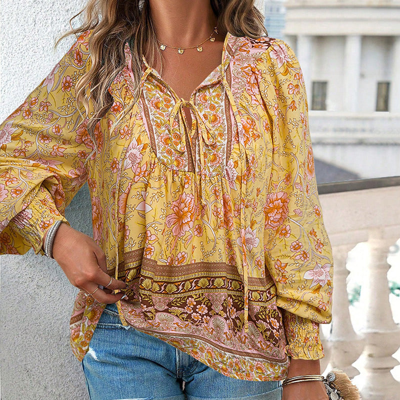 Calira - Tie V-Neck Cotton Shirt