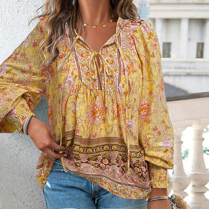 Calira - Tie V-Neck Cotton Shirt