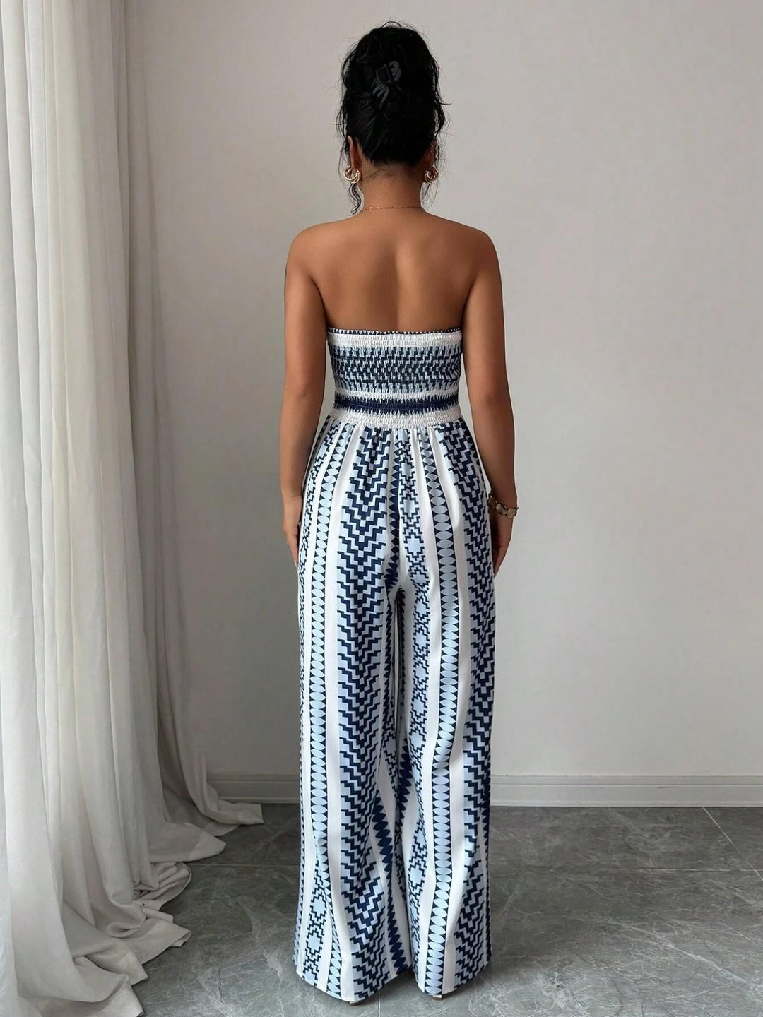 Verali - American Neckline Mixed-Fabric Jumpsuit