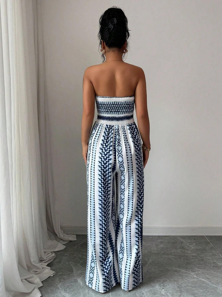 Verali - American Neckline Mixed-Fabric Jumpsuit