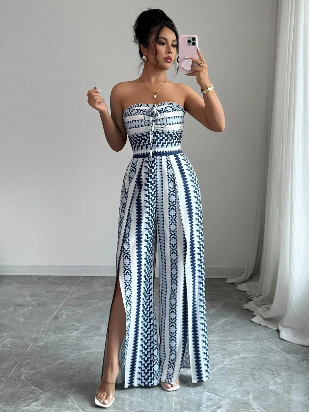 Verali - American Neckline Mixed-Fabric Jumpsuit