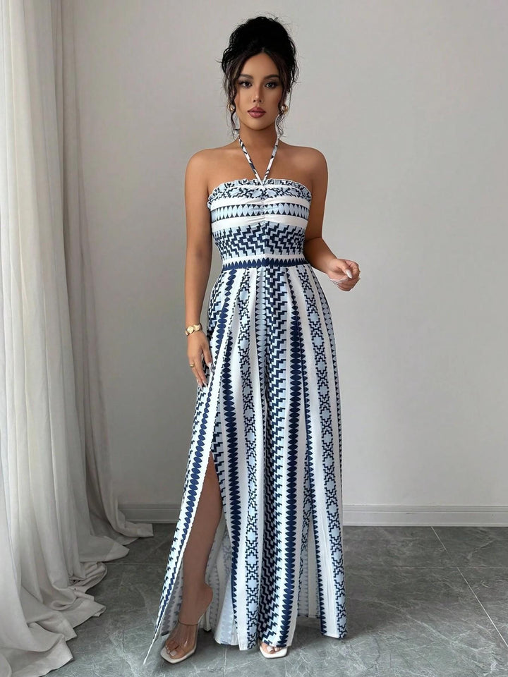 Verali - American Neckline Mixed-Fabric Jumpsuit