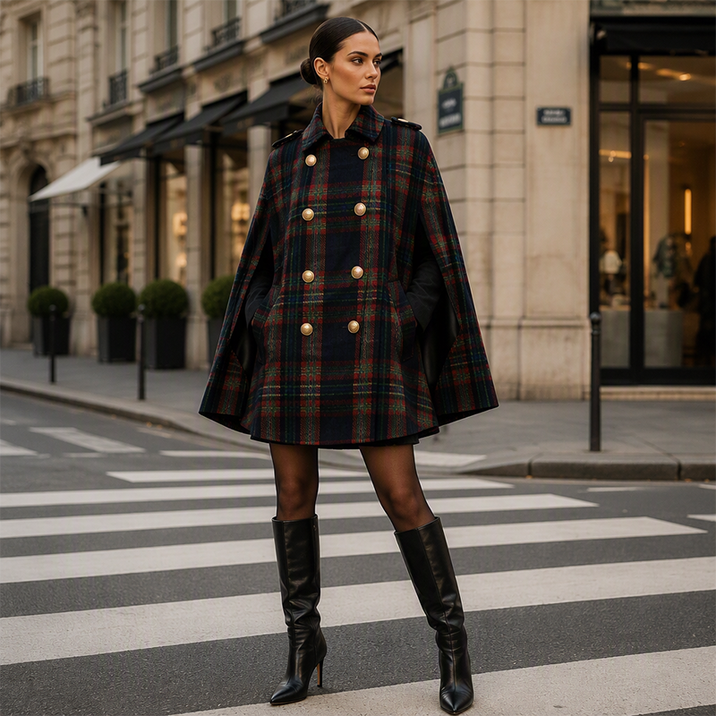 Vesara - Double-Breasted Checked Cape Coat