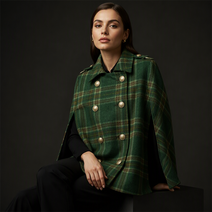 Vesara - Double-Breasted Checked Cape Coat