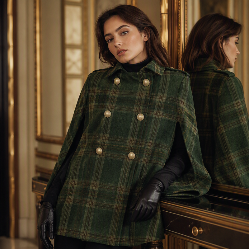 Vesara - Double-Breasted Checked Cape Coat