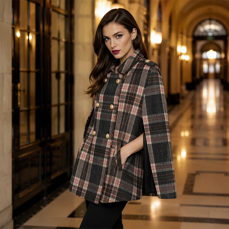 Vesara - Double-Breasted Checked Cape Coat