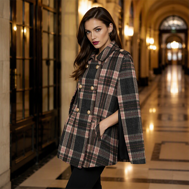Vesara - Double-Breasted Checked Cape Coat