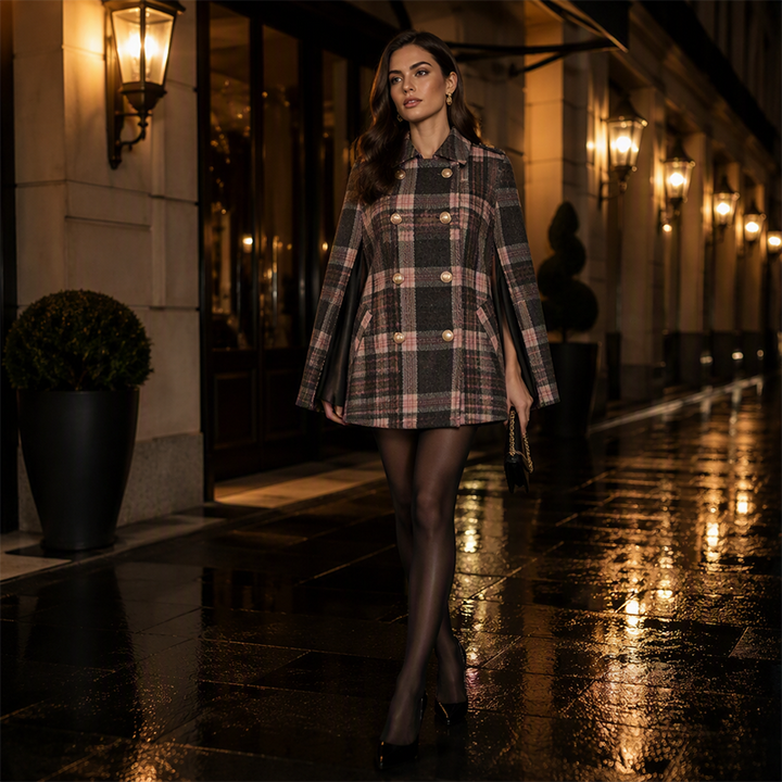 Vesara - Double-Breasted Checked Cape Coat