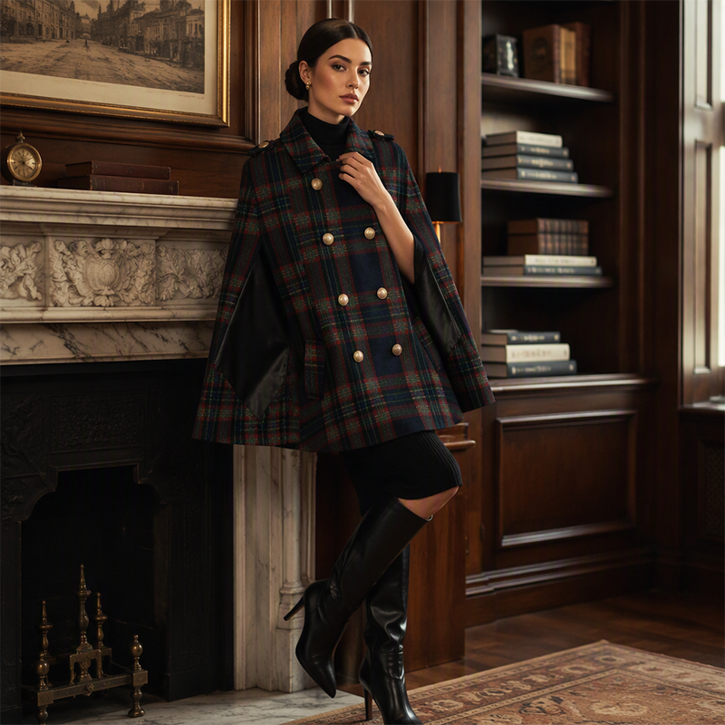 Vesara - Double-Breasted Checked Cape Coat