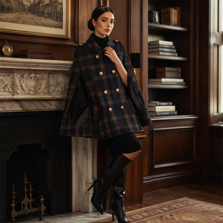 Vesara - Double-Breasted Checked Cape Coat