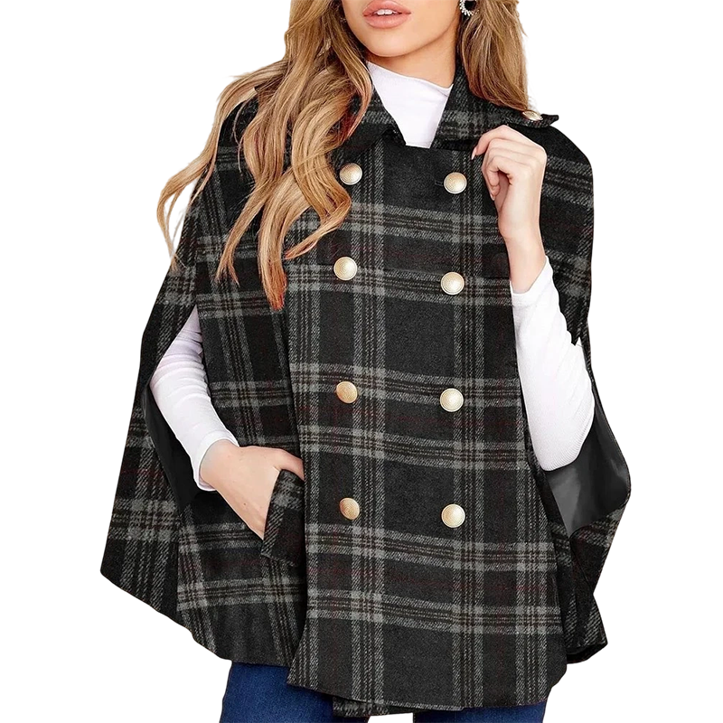 Vesara - Double-Breasted Checked Cape Coat