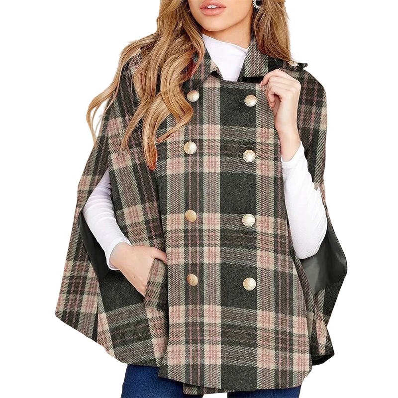 Vesara - Double-Breasted Checked Cape Coat
