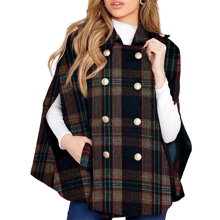 Vesara - Double-Breasted Checked Cape Coat