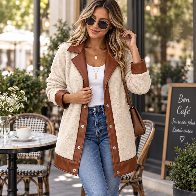 Veluna - Contrast Trim Plush Jacket