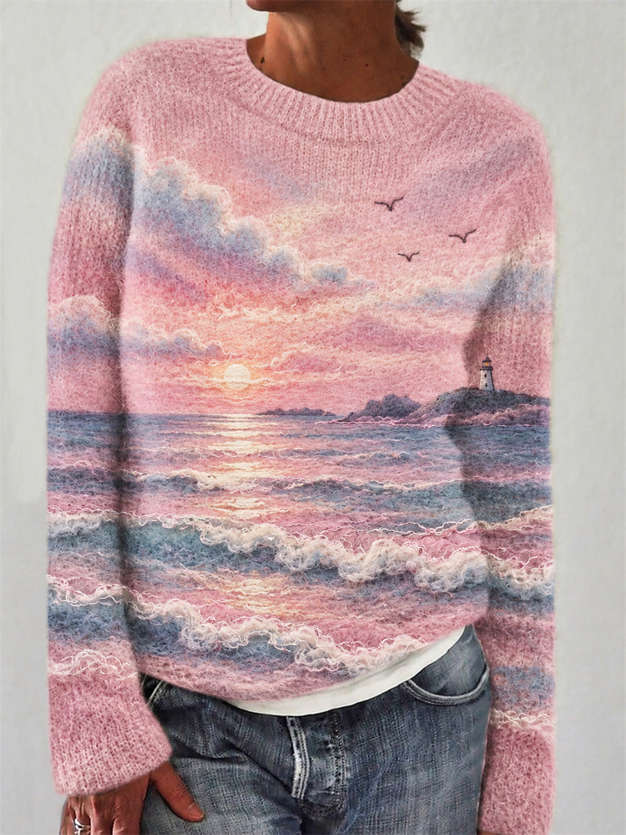 Ilyra - Lighthouse Seascape Print Cotton-Blend Jumper