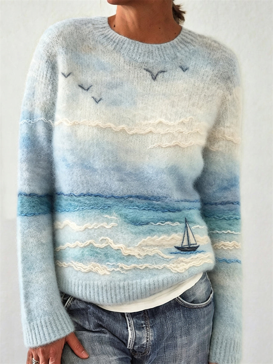 Velara - Seascape Boat Print Cotton Knit Jumper