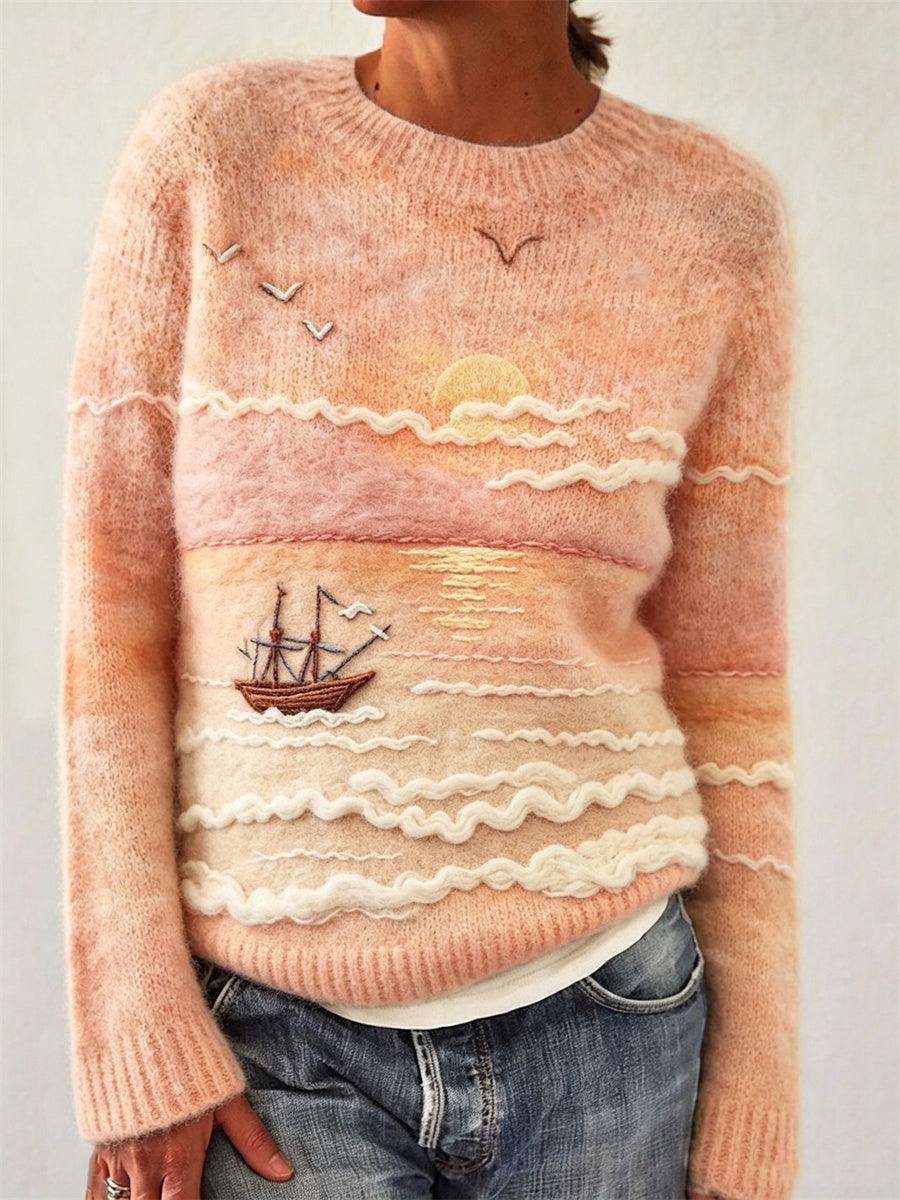 Mevara - Seascape Print Cotton Knit Jumper