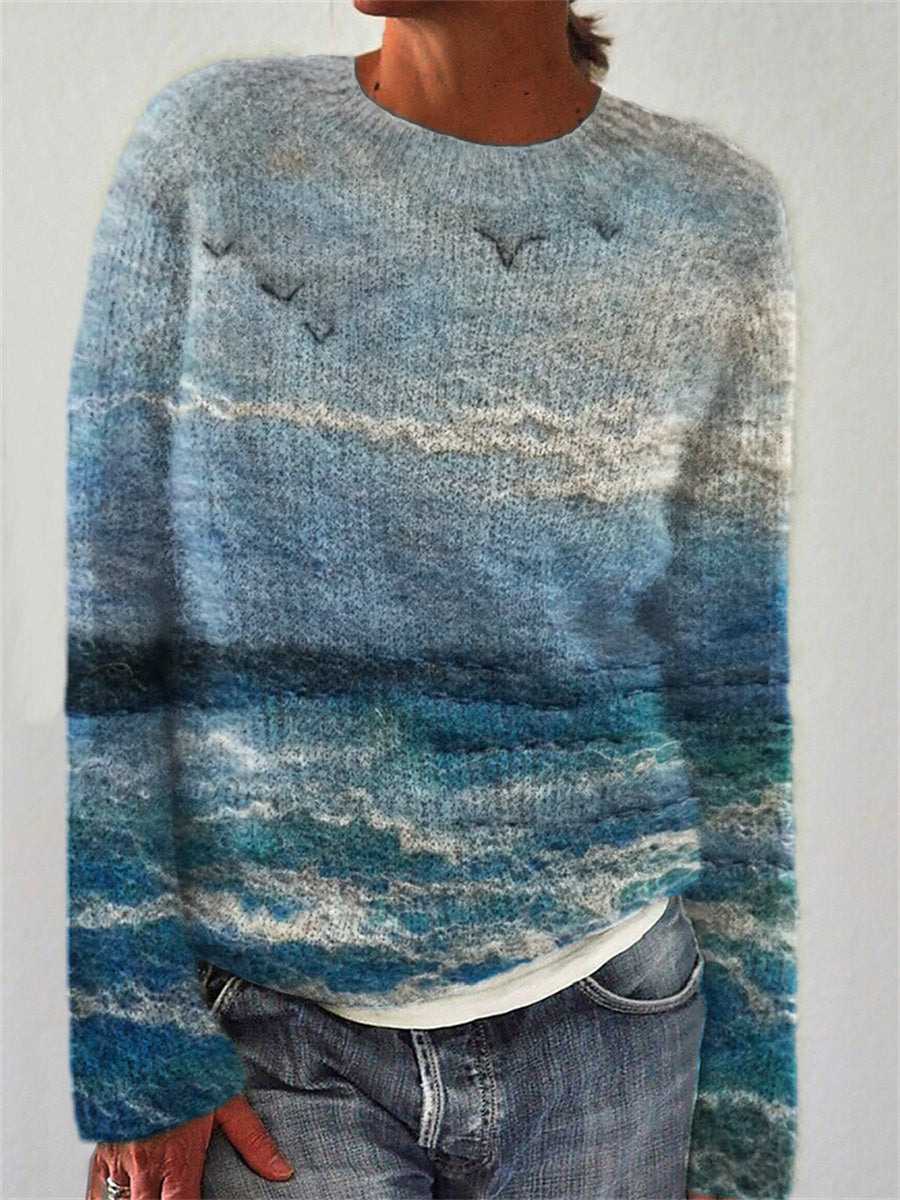 Mireva - Seascape Print Cotton-Blend Knit Sweater