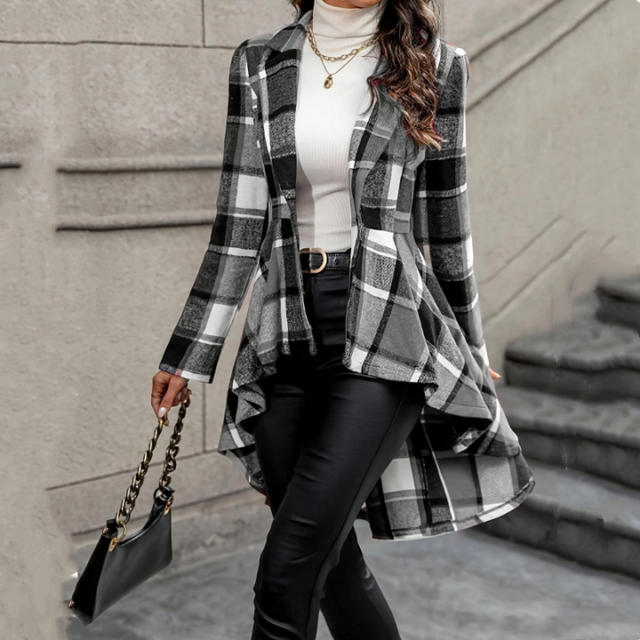Kevara - Asymmetrical Hem Checked Woven Coat