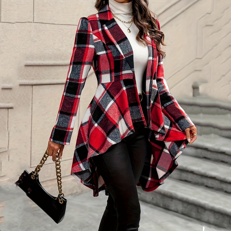 Kevara - Asymmetrical Hem Checked Woven Coat