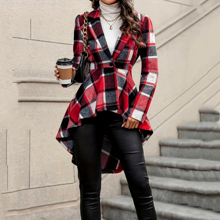 Kevara - Asymmetrical Hem Checked Woven Coat