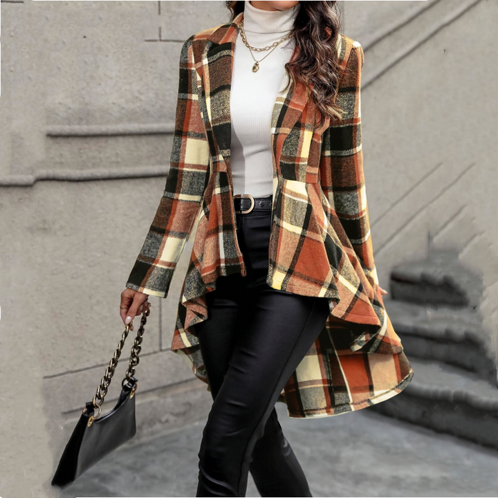 Kevara - Asymmetrical Hem Checked Woven Coat