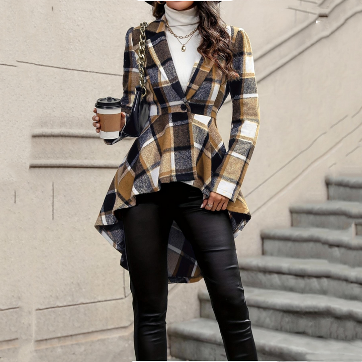Kevara - Asymmetrical Hem Checked Woven Coat