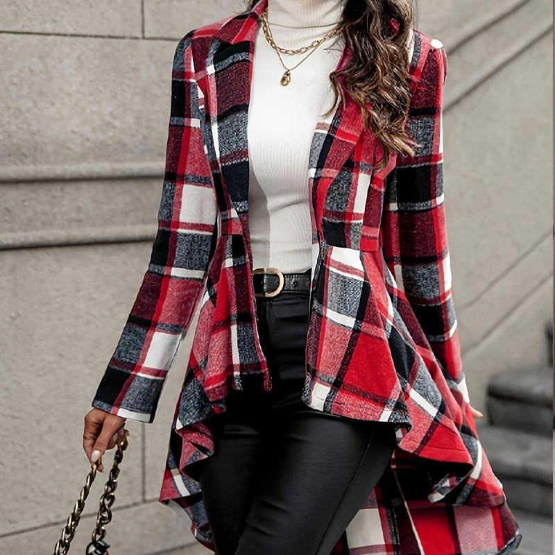 Kevara - Asymmetrical Hem Checked Woven Coat