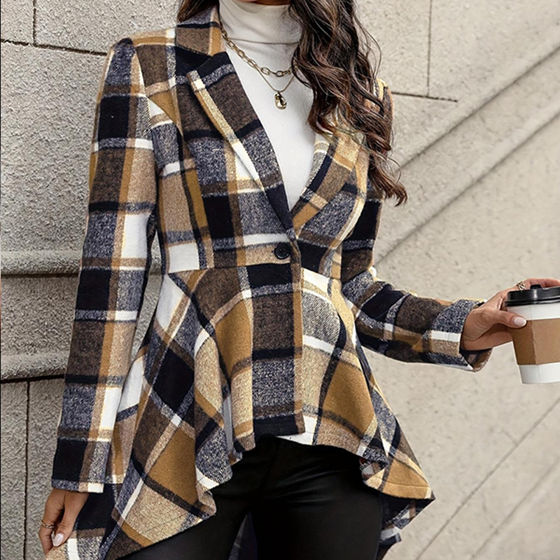 Kevara - Asymmetrical Hem Checked Woven Coat