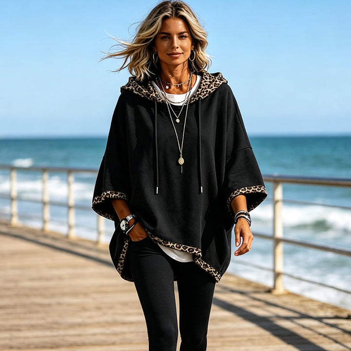 Kivara - Leopard-Print Trim Knit Hoodie