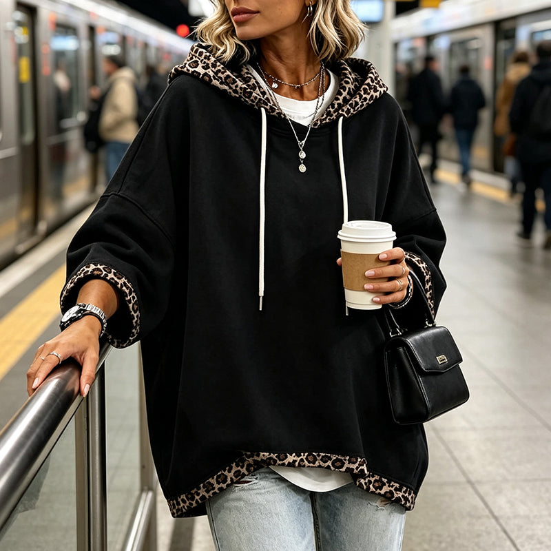 Kivara - Leopard-Print Trim Knit Hoodie