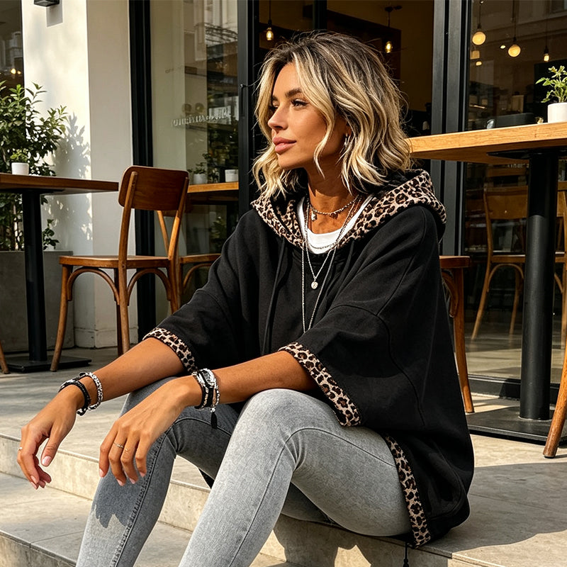 Kivara - Leopard-Print Trim Knit Hoodie