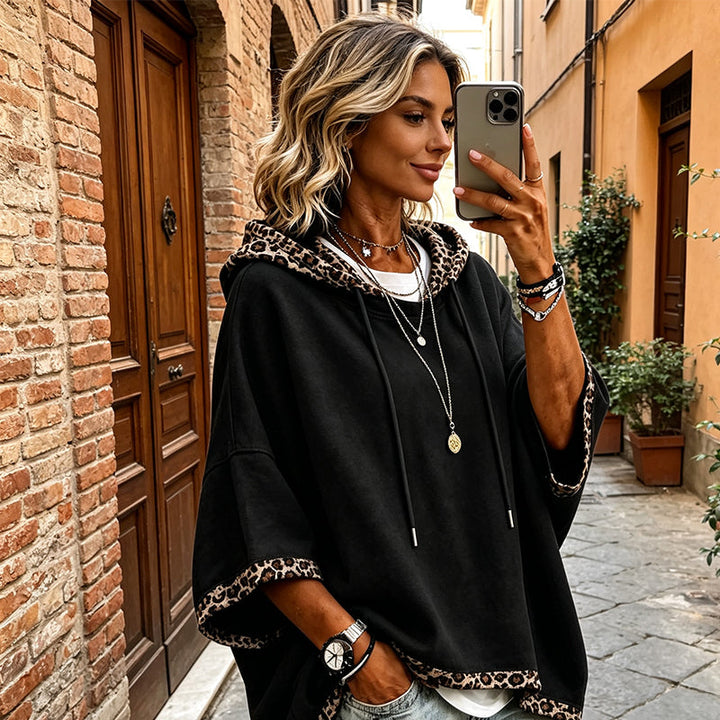 Kivara - Leopard-Print Trim Knit Hoodie
