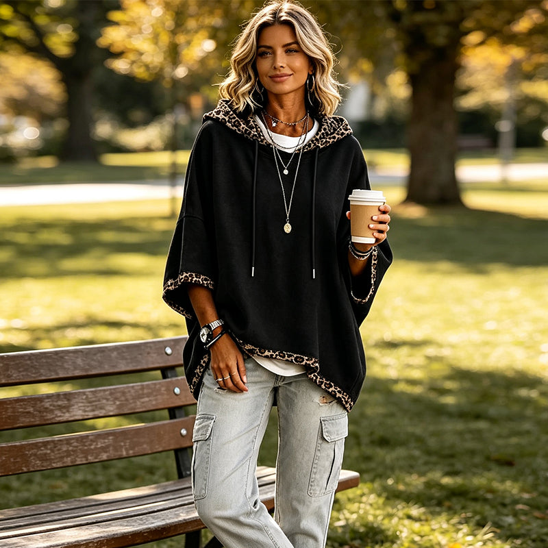 Kivara - Leopard-Print Trim Knit Hoodie