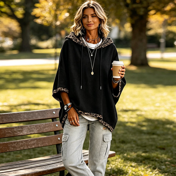 Kivara - Leopard-Print Trim Knit Hoodie