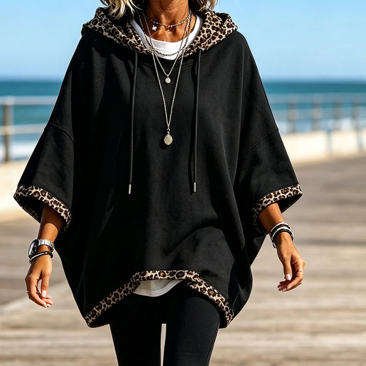 Kivara - Leopard-Print Trim Knit Hoodie
