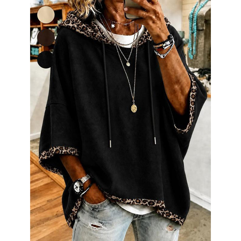 Kivara - Leopard-Print Trim Knit Hoodie
